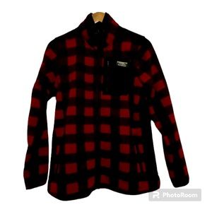 LL Bean Fleece Medium Regular Fit Full Zip Sweater Jacket Mens Red Plaid